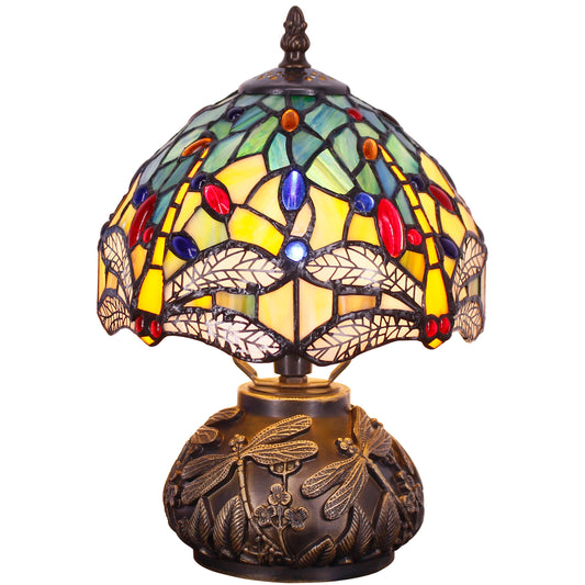 SYETL Small Tiffany Lamp Mushroom Table Lamp, Blue Yellow Dragonfly Style Mini Stained Glass Desk Memory Lamp Sympathy 8X11 Inch