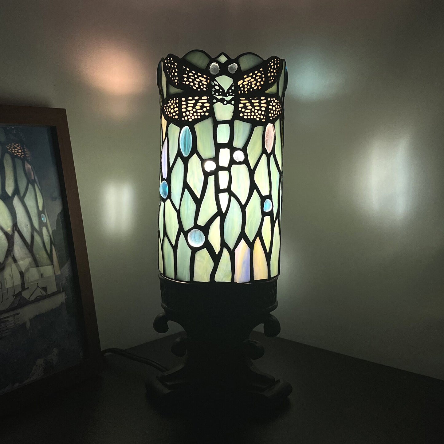 SYETL Small Tiffany Desk Lamp 4X10 Inch Sea Blue Dragonfly Style Mini Stained Glass Table Memory Lamp Sympathy