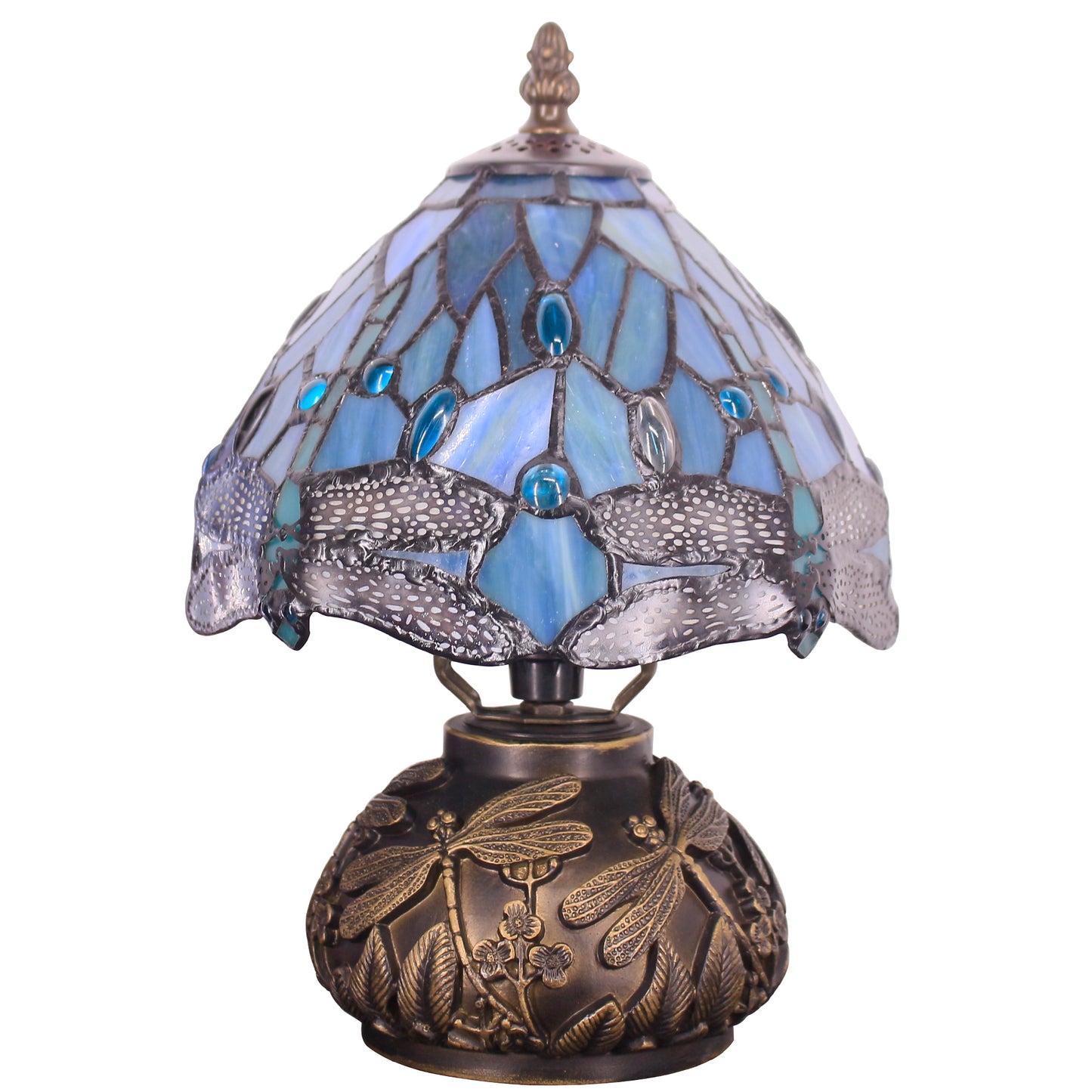 SYETL Small Tiffany Lamp Mushroom Table Lamp,Sea Blue Dragonfly Style Mini Stained Glass Desk Memory Lamp Sympathy 8X11 Inch