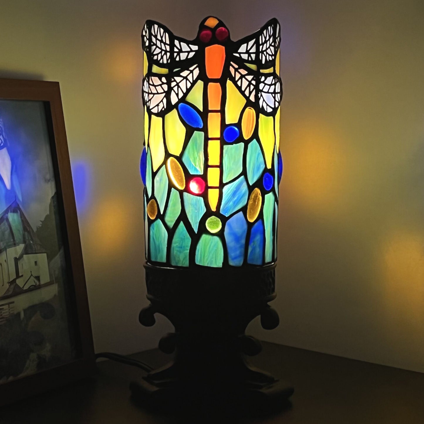 SYETL Small Tiffany Lamp,Mini Stained Glass Table Lamp Yellow Dragonfly Desk Lamp Candlestick Style Bedside Uplight for Home Bedroom Nightstand Office