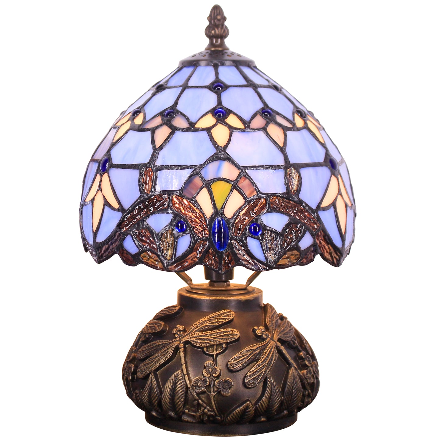 SYETL Small Tiffany Lamp Mushroom Table Lamp, Blue Baroque Style Mini Stained Glass Desk Memory Lamp Sympathy 8X11 Inch