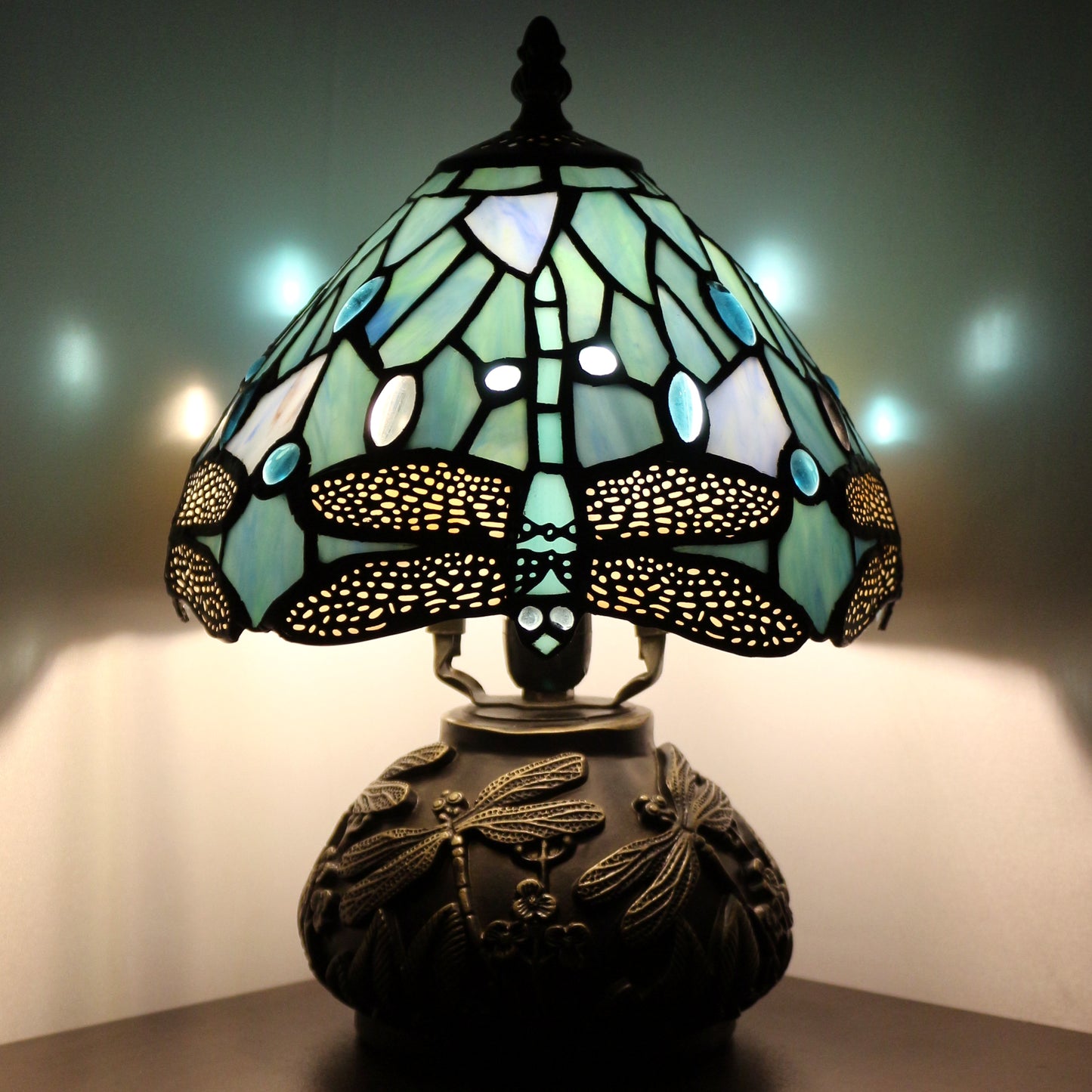 SYETL Small Tiffany Lamp Mushroom Table Lamp,Sea Blue Dragonfly Style Mini Stained Glass Desk Memory Lamp Sympathy 8X11 Inch