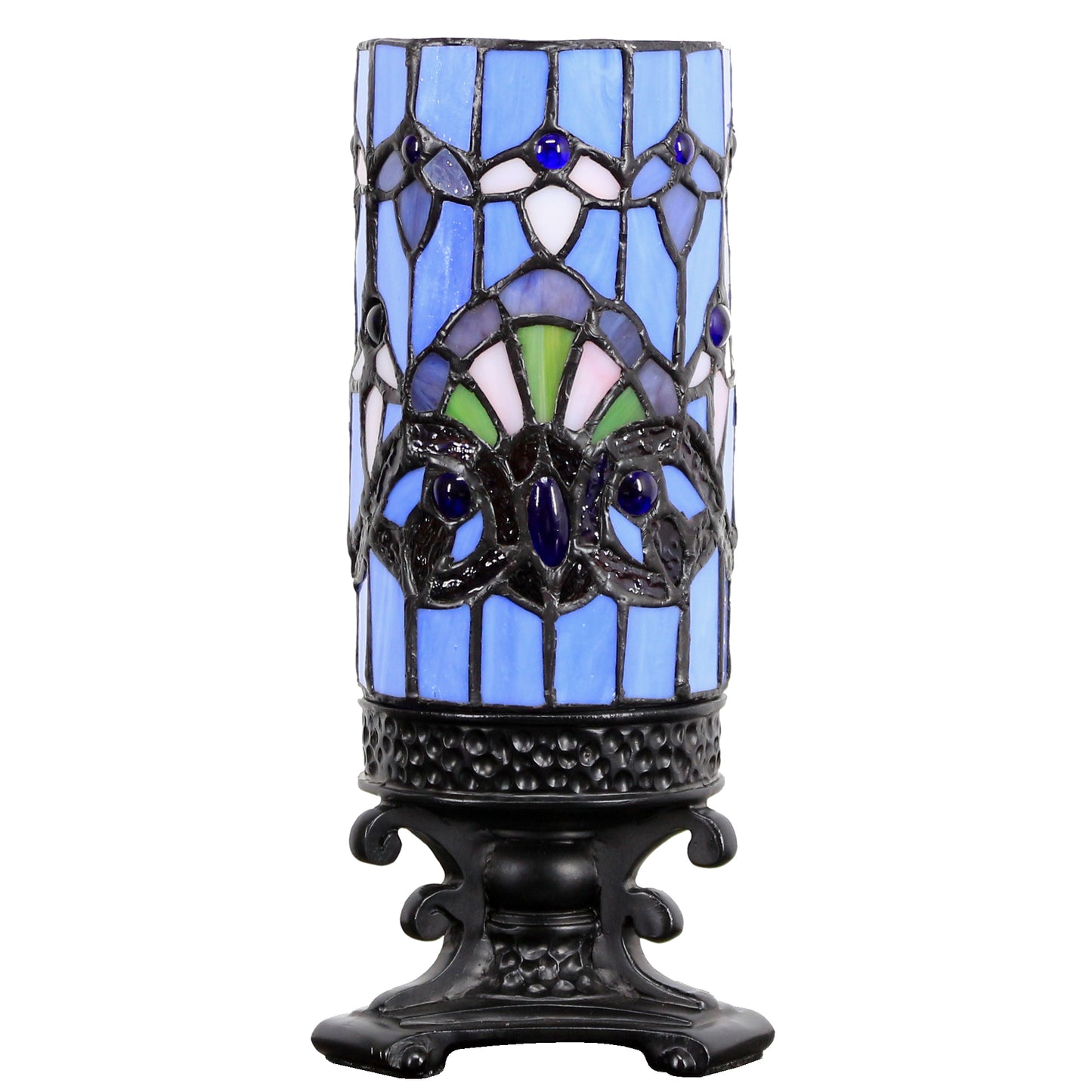 SYETL Small Tiffany Desk Lamp 4X10 Inch Blue Baroque Candlestick Style Mini Stained Glass Table Memory Lamp Sympathy