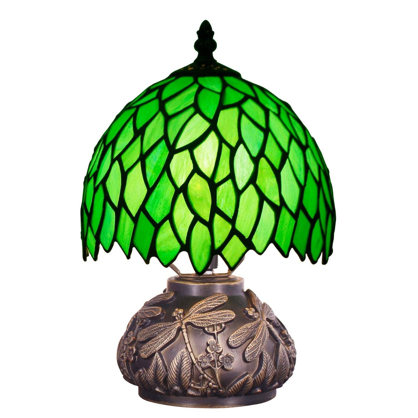 SYETL Small Tiffany Lamp Mushroom Table Lamp, Green Wisteria Leaf Style Mini Stained Glass Desk Memory Lamp Sympathy 8X11 Inch