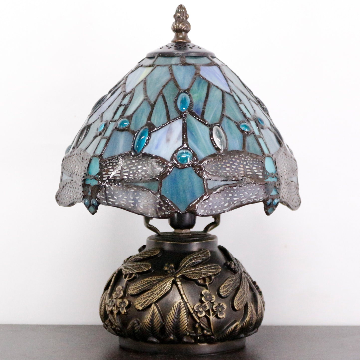 SYETL Small Tiffany Lamp Mushroom Table Lamp,Sea Blue Dragonfly Style Mini Stained Glass Desk Memory Lamp Sympathy 8X11 Inch