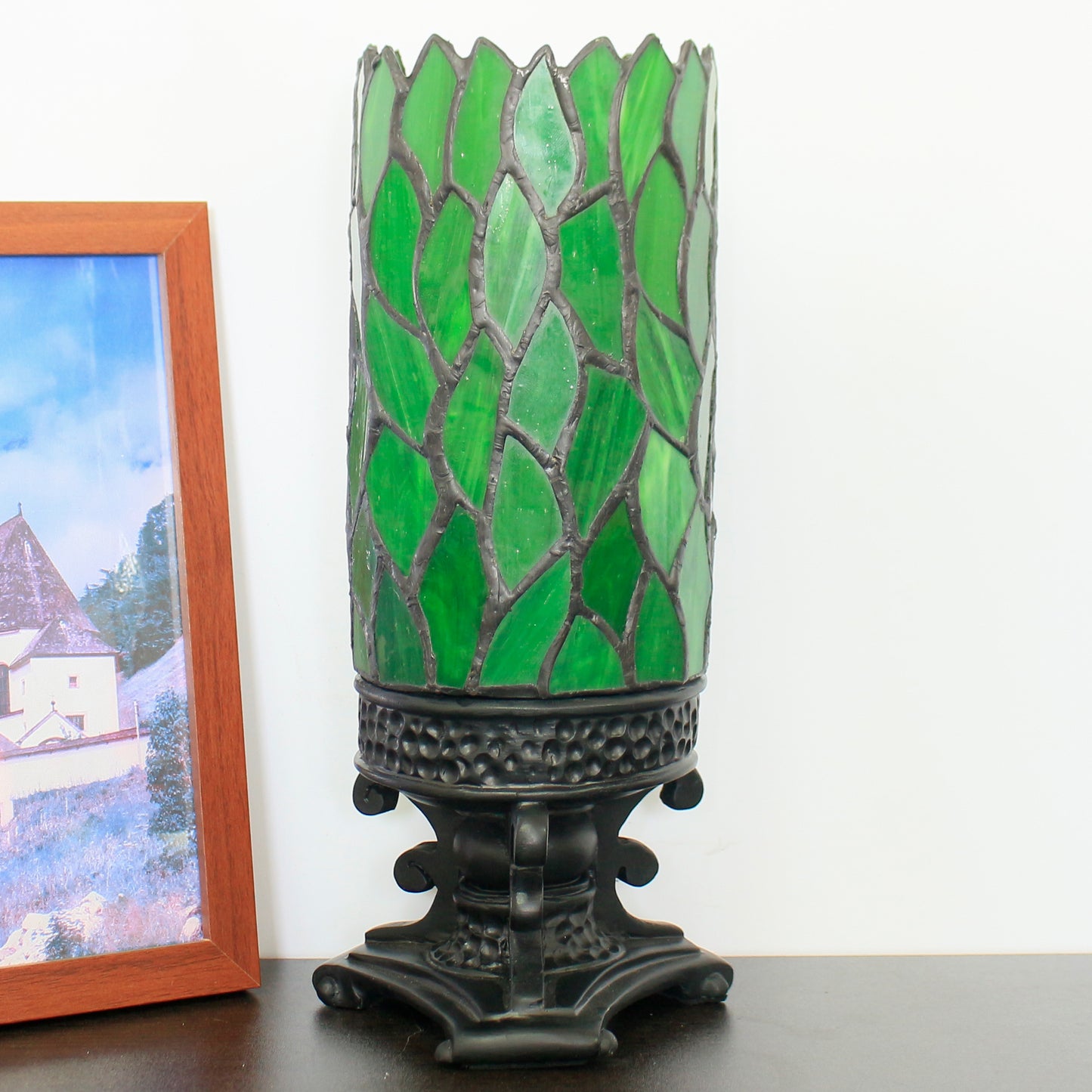 SYETL Small Tiffany Desk Lamp 4X10 Inch Green Wisteria Leaf Candlestick Style Mini Stained Glass Table Memory Lamp Sympathy