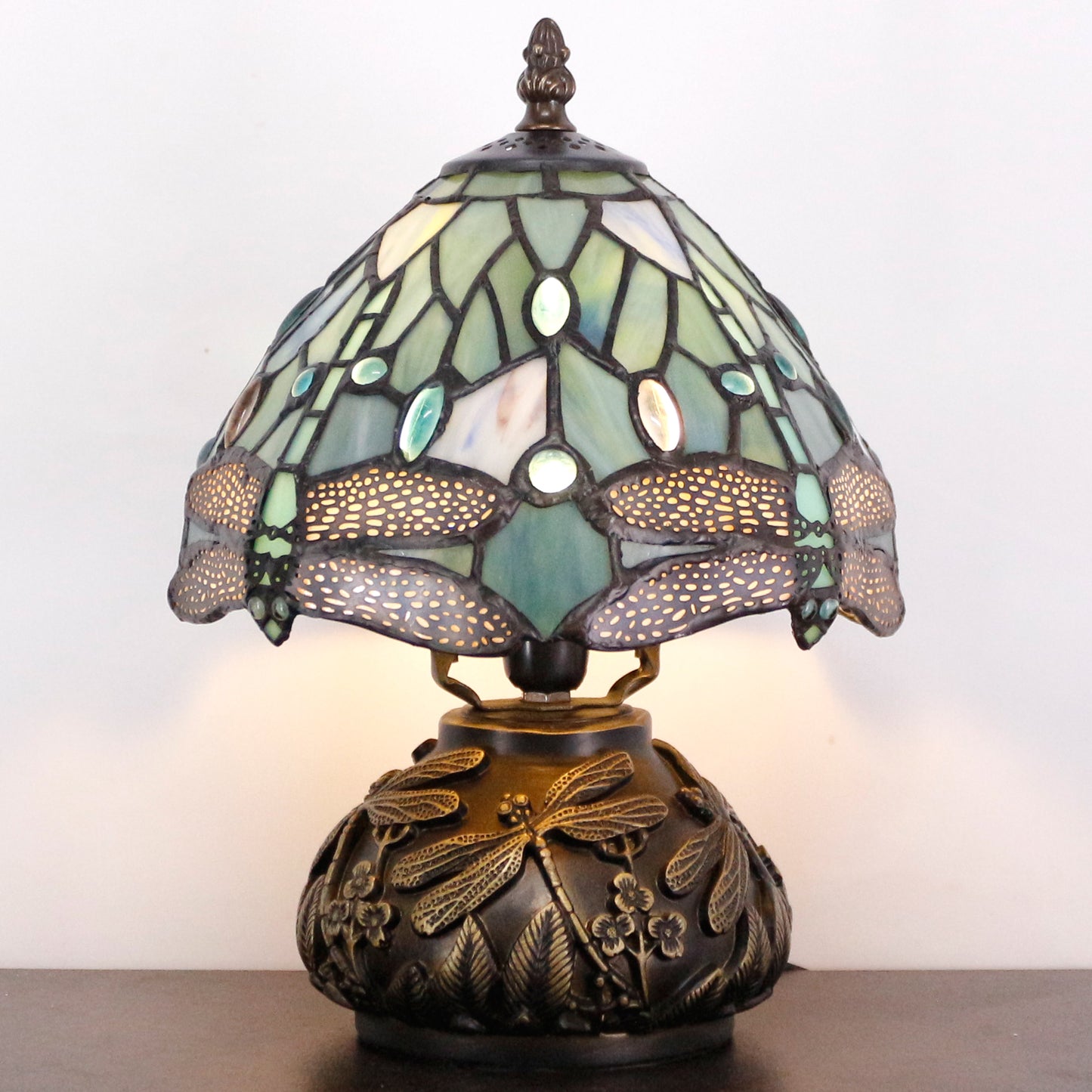 SYETL Small Tiffany Lamp Mushroom Table Lamp,Sea Blue Dragonfly Style Mini Stained Glass Desk Memory Lamp Sympathy 8X11 Inch