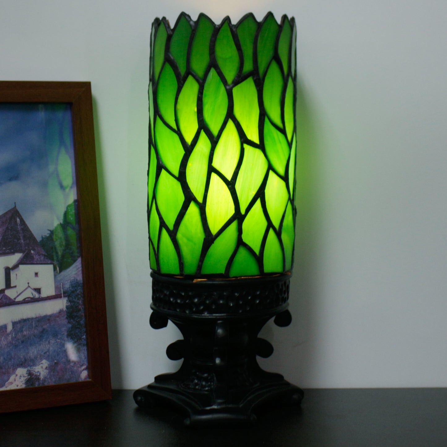 SYETL Small Tiffany Desk Lamp 4X10 Inch Green Wisteria Leaf Candlestick Style Mini Stained Glass Table Memory Lamp Sympathy