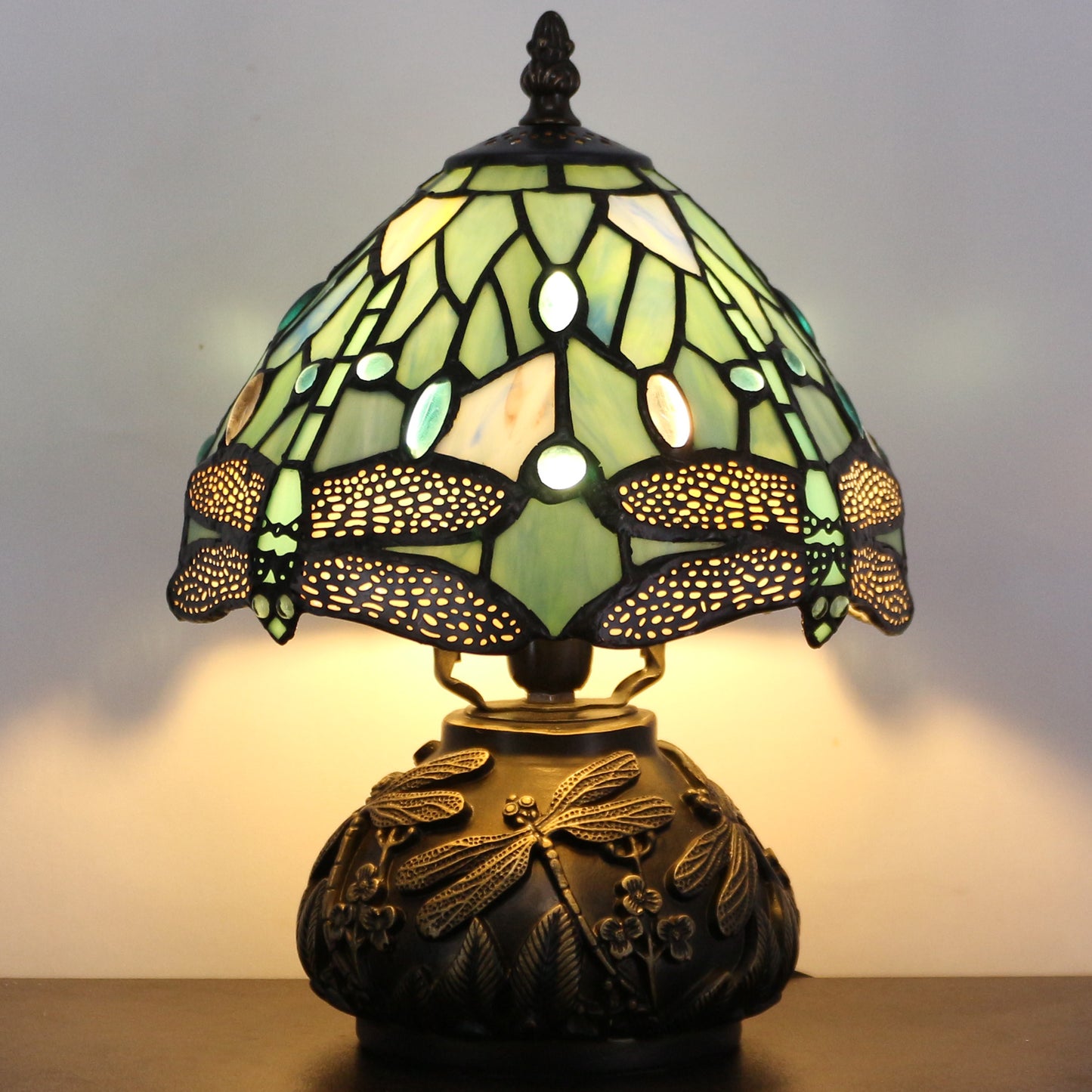 SYETL Small Tiffany Lamp Mushroom Table Lamp,Sea Blue Dragonfly Style Mini Stained Glass Desk Memory Lamp Sympathy 8X11 Inch