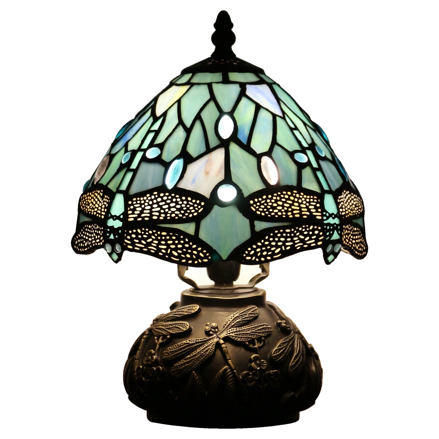 SYETL Small Tiffany Lamp Mushroom Table Lamp,Sea Blue Dragonfly Style Mini Stained Glass Desk Memory Lamp Sympathy 8X11 Inch