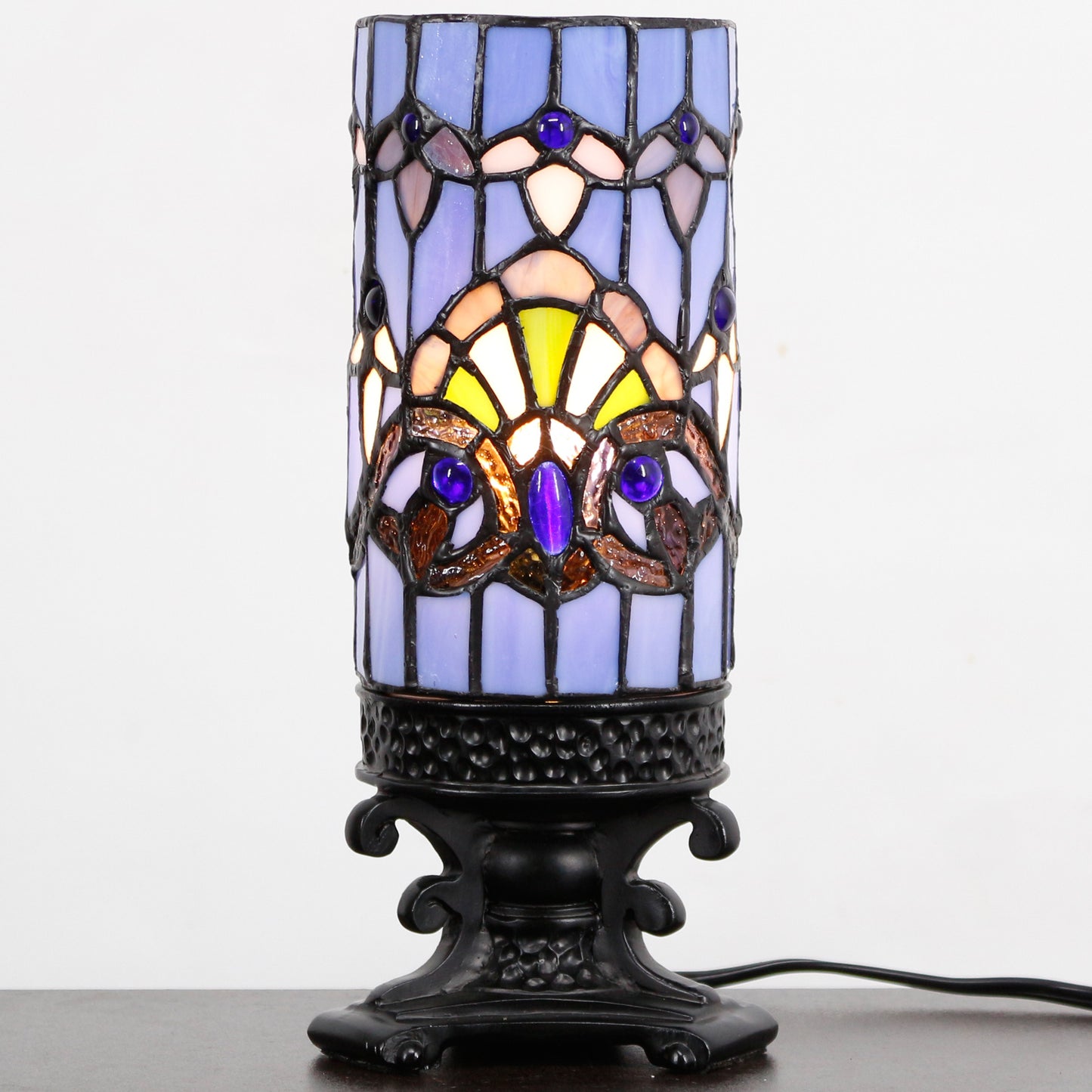 SYETL Small Tiffany Desk Lamp 4X10 Inch Blue Baroque Candlestick Style Mini Stained Glass Table Memory Lamp Sympathy