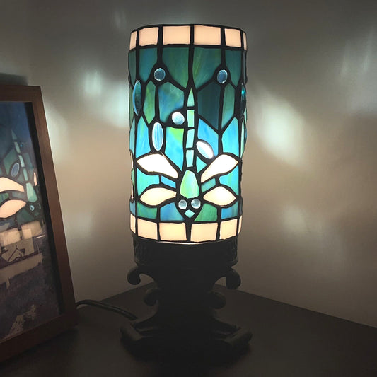 SYETL Small Tiffany Desk Lamp Dragonfly Candlestick Style Mini Green Stained Glass Table Memory Lamp Sympathy 4X10 Inch