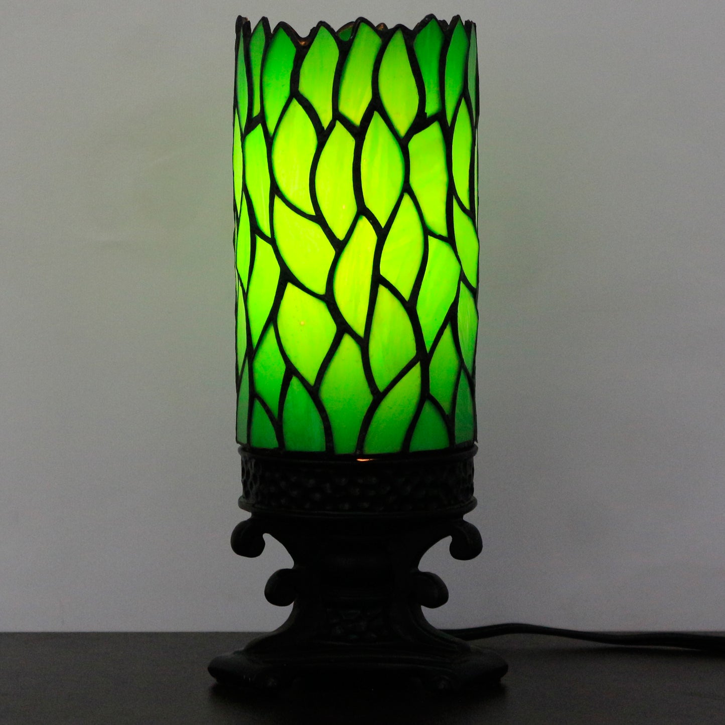 SYETL Small Tiffany Desk Lamp 4X10 Inch Green Wisteria Leaf Candlestick Style Mini Stained Glass Table Memory Lamp Sympathy