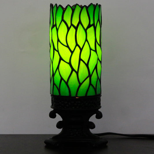 SYETL Small Tiffany Desk Lamp 4X10 Inch Green Wisteria Leaf Candlestick Style Mini Stained Glass Table Memory Lamp Sympathy