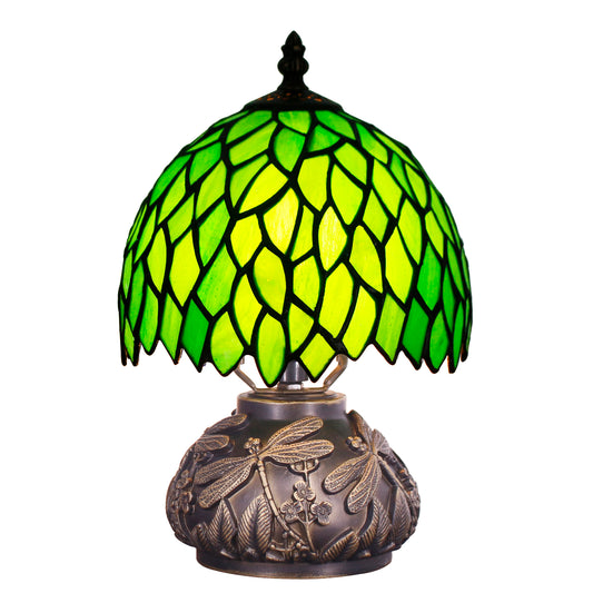 SYETL Small Tiffany Lamp Mushroom Table Lamp, Green Wisteria Leaf Style Mini Stained Glass Desk Memory Lamp Sympathy 8X11 Inch