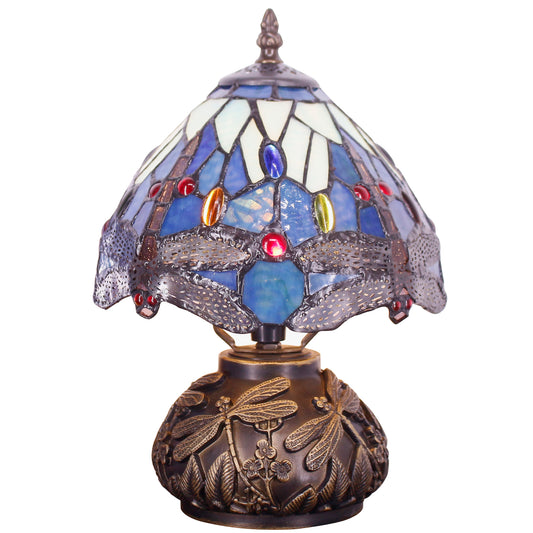 SYETL Small Tiffany Lamp Mushroom Table Lamp,Blue Dragonfly Style Mini Stained Glass Desk Memory Lamp Sympathy 8X11 Inch