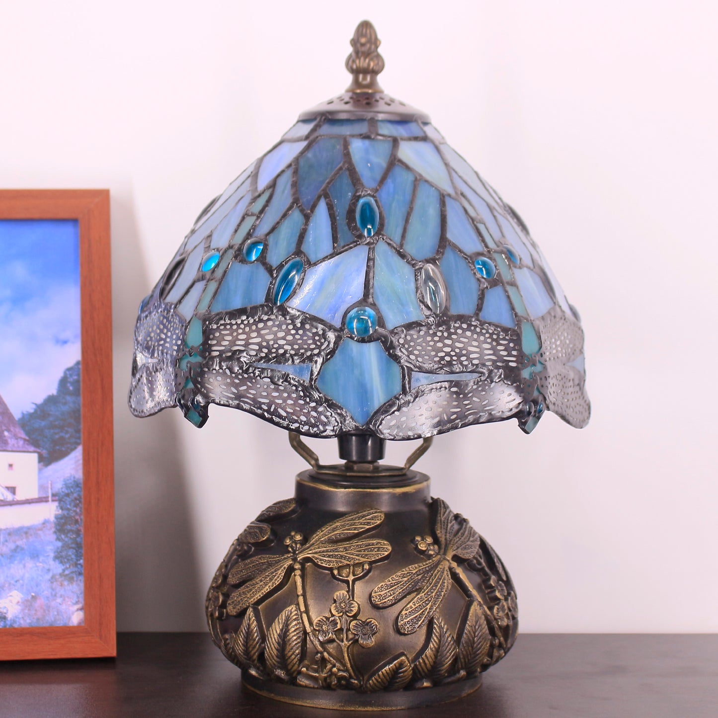 SYETL Small Tiffany Lamp Mushroom Table Lamp,Sea Blue Dragonfly Style Mini Stained Glass Desk Memory Lamp Sympathy 8X11 Inch