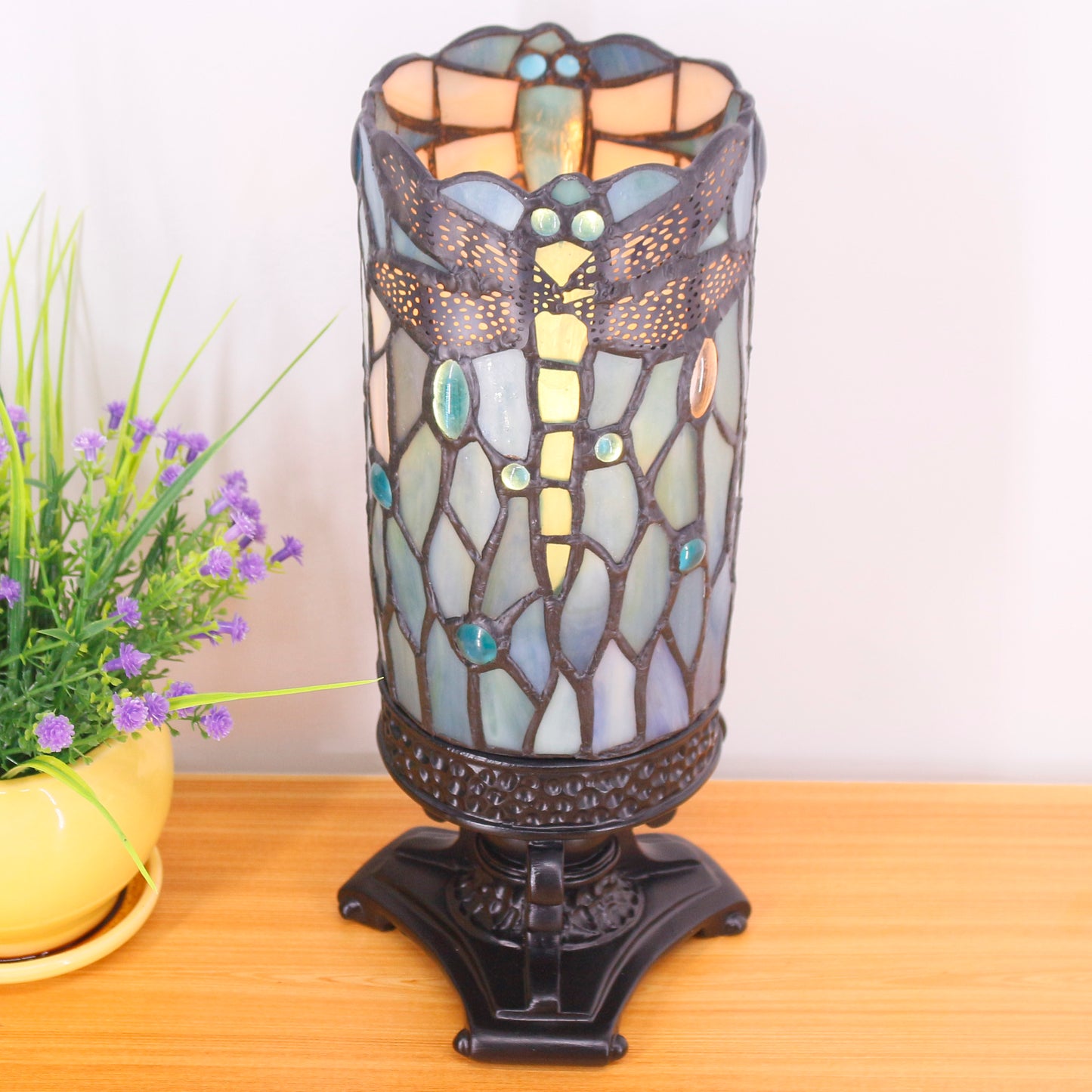 SYETL Small Tiffany Desk Lamp 4X10 Inch Sea Blue Dragonfly Style Mini Stained Glass Table Memory Lamp Sympathy