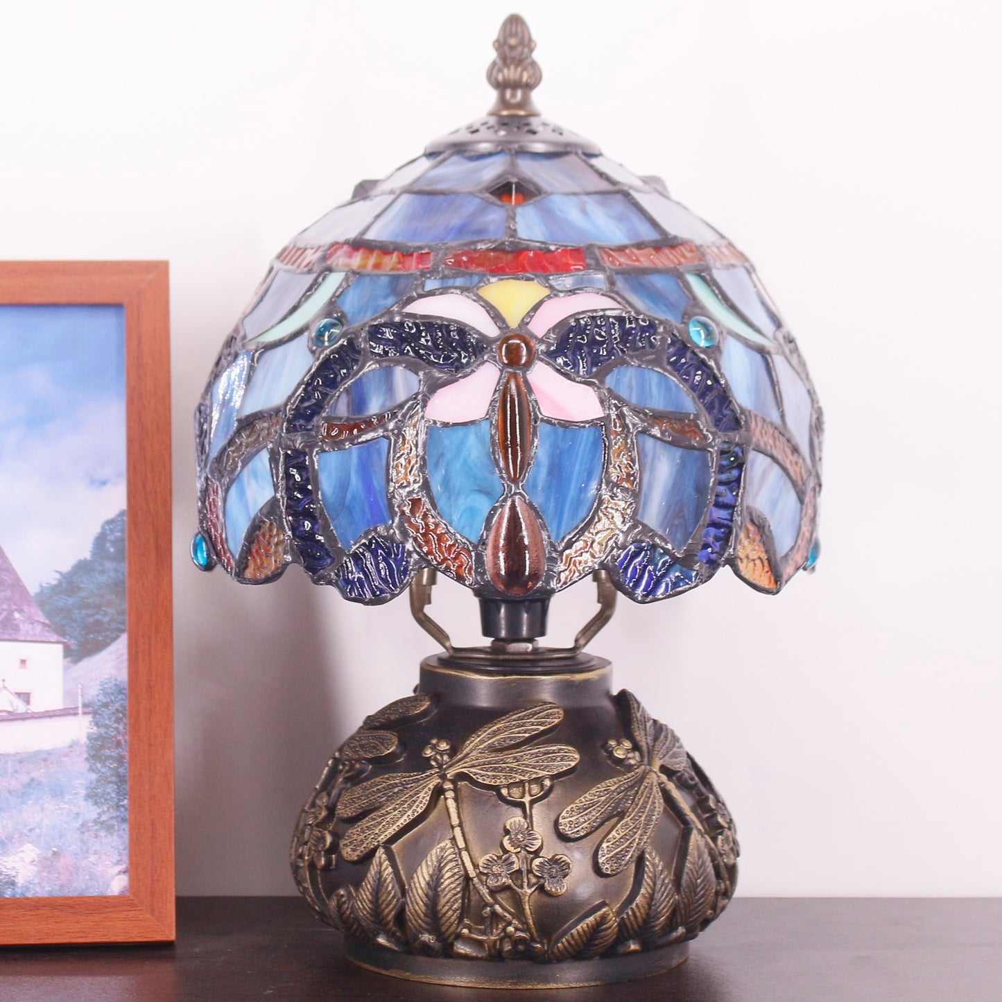 SYETL Small Tiffany Lamp Mushroom Table Lamp, Mini Blue Purple Cloudy Stained Glass Desk Style Memory Lamp Sympathy 8X11 Inch