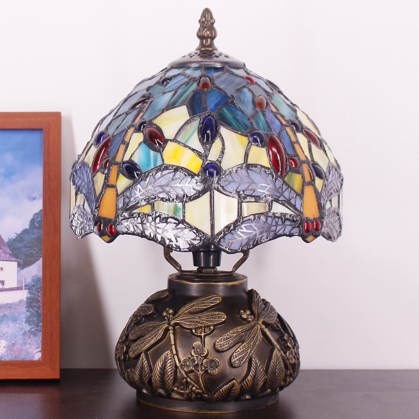 SYETL Small Tiffany Lamp Mushroom Table Lamp, Blue Yellow Dragonfly Style Mini Stained Glass Desk Memory Lamp Sympathy 8X11 Inch