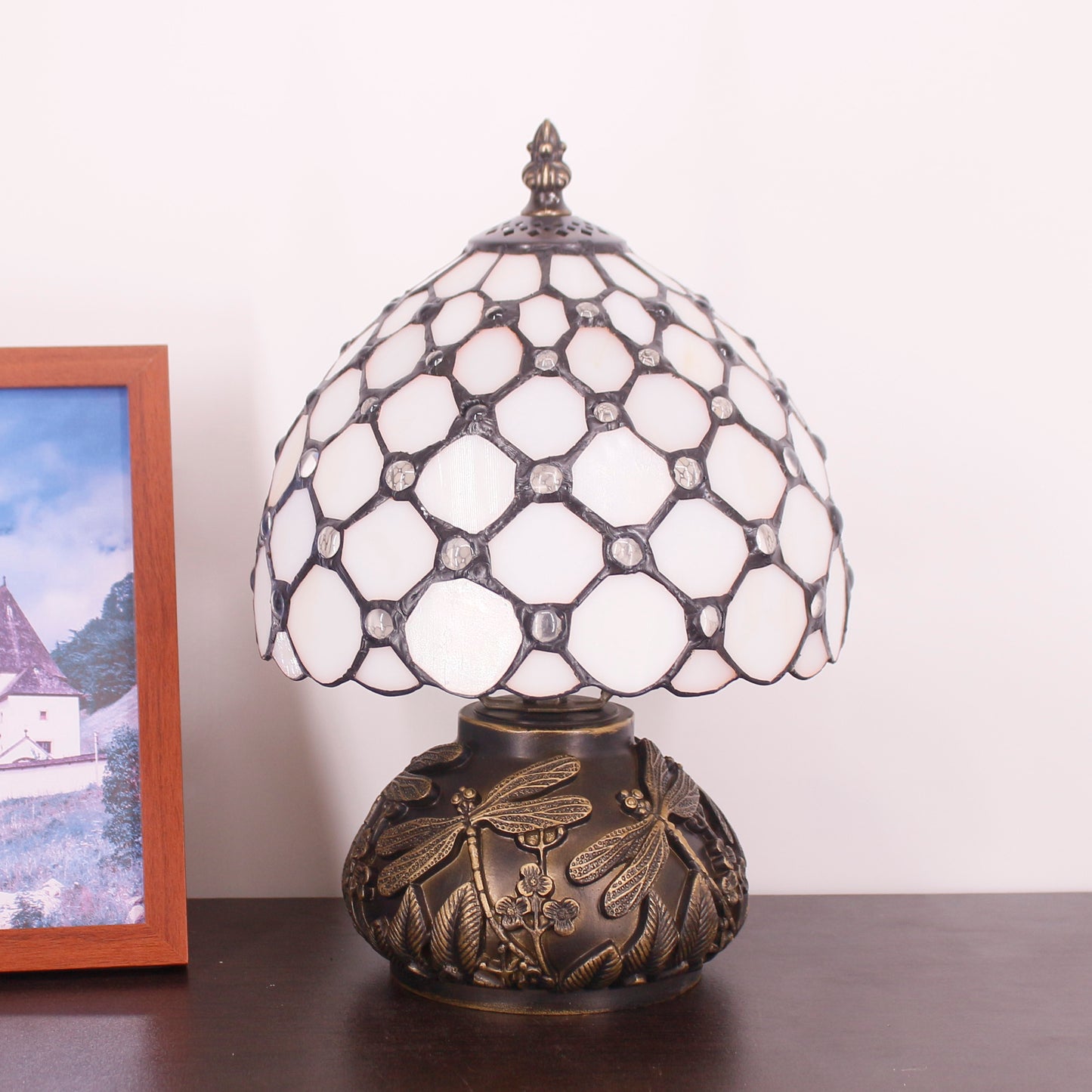 SYETL Small Tiffany Lamp Mushroom Table Lamp, Cream Pearl Beads Style Mini Stained Glass Desk Memory Lamp Sympathy 8X11 Inch