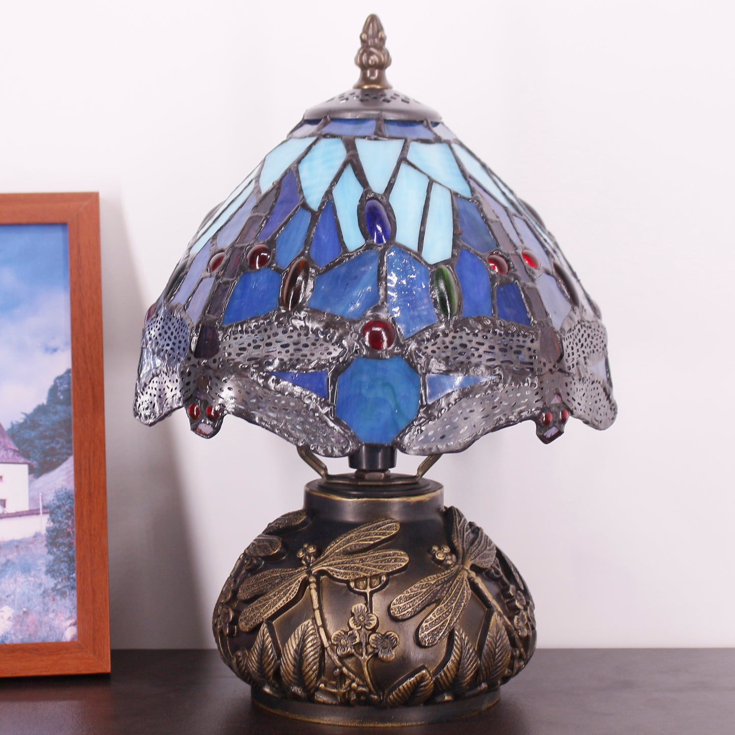 SYETL Small Tiffany Lamp Mushroom Table Lamp,Blue Dragonfly Style Mini Stained Glass Desk Memory Lamp Sympathy 8X11 Inch