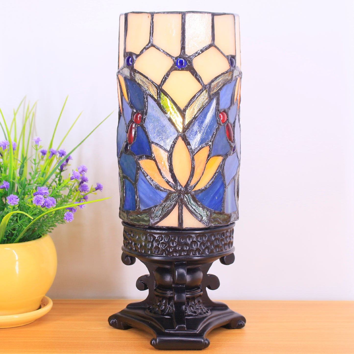 SYETL Small Tiffany Desk Lamp Blue Lotus Candlestick Style Mini Stained Glass Table Memory Lamp Sympathy 4X10 Inch