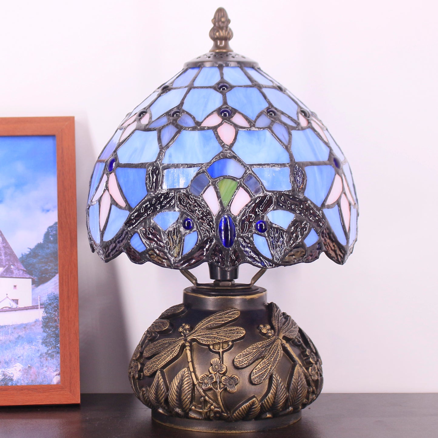 SYETL Small Tiffany Lamp Mushroom Table Lamp, Blue Baroque Style Mini Stained Glass Desk Memory Lamp Sympathy 8X11 Inch