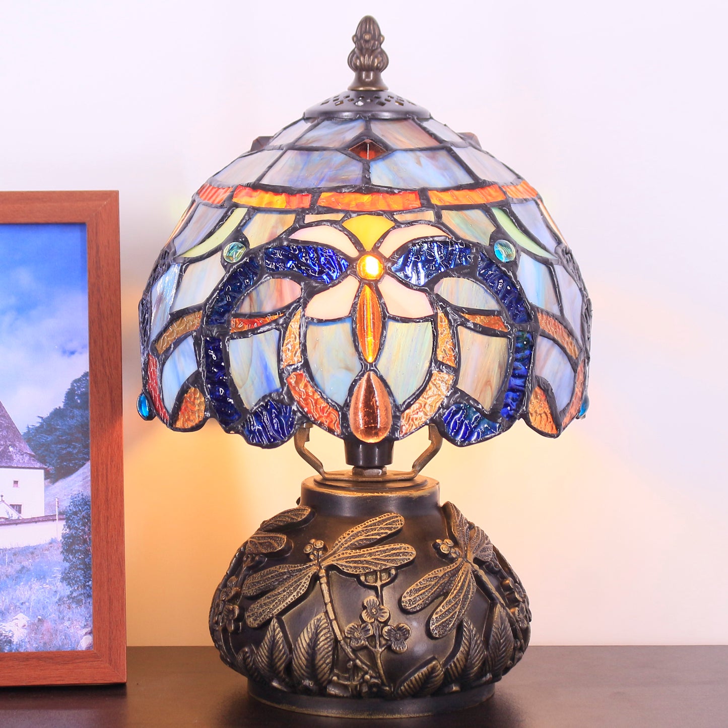 SYETL Small Tiffany Lamp Mushroom Table Lamp, Mini Blue Purple Cloudy Stained Glass Desk Style Memory Lamp Sympathy 8X11 Inch