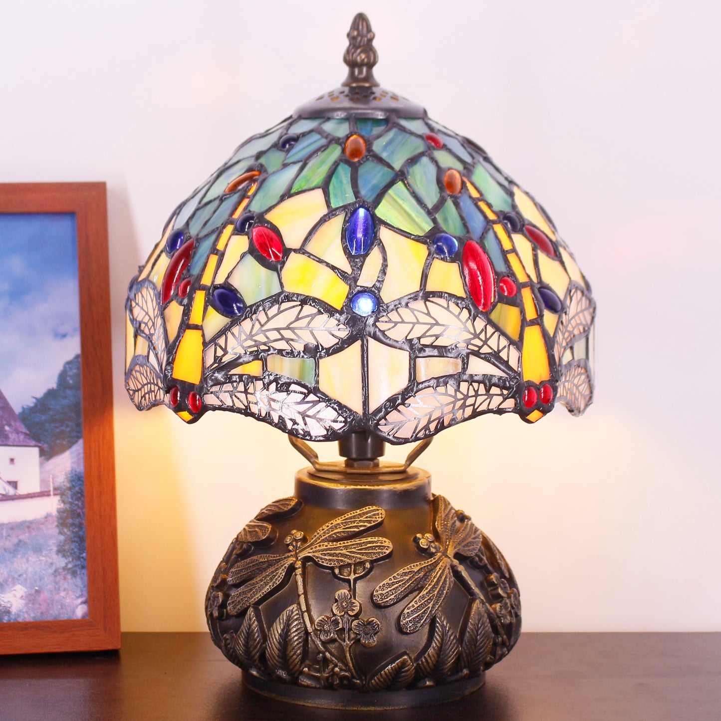 SYETL Small Tiffany Lamp Mushroom Table Lamp, Blue Yellow Dragonfly Style Mini Stained Glass Desk Memory Lamp Sympathy 8X11 Inch