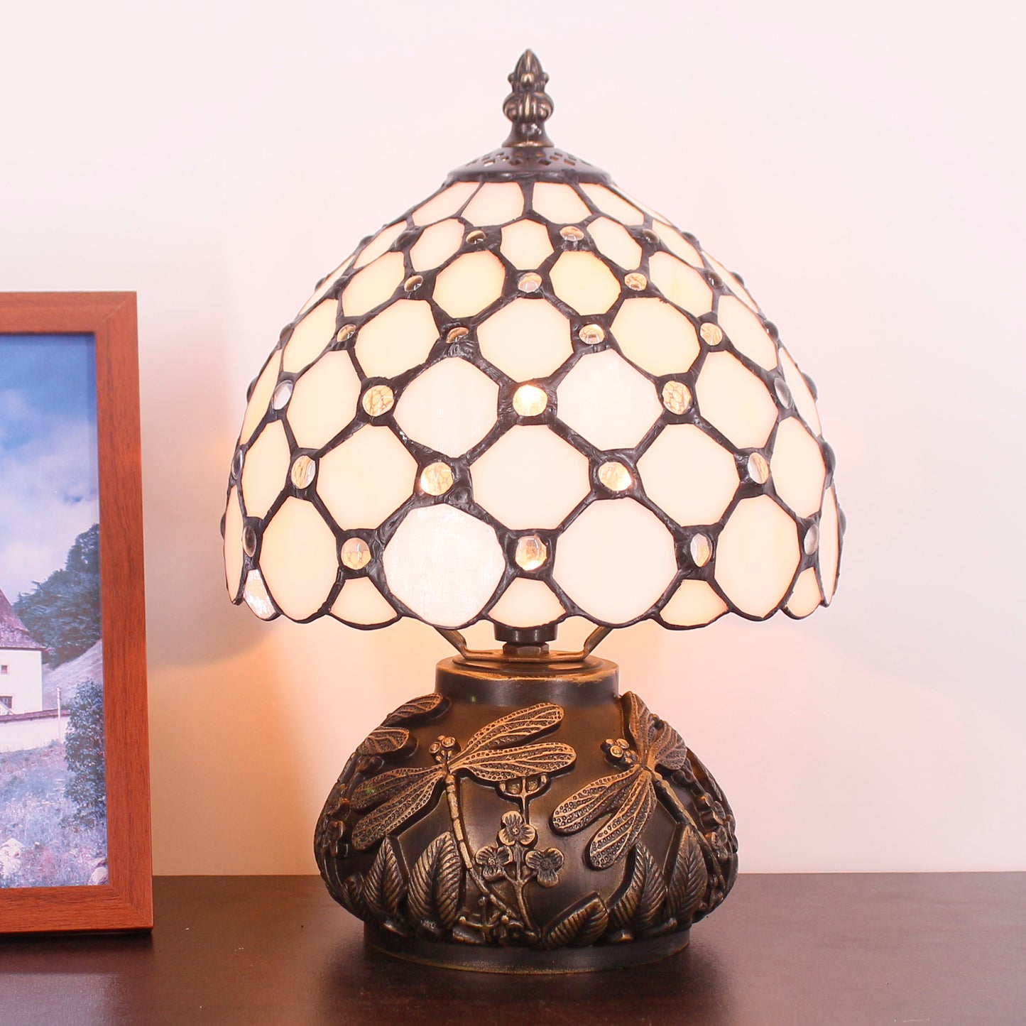 SYETL Small Tiffany Lamp Mushroom Table Lamp, Cream Pearl Beads Style Mini Stained Glass Desk Memory Lamp Sympathy 8X11 Inch