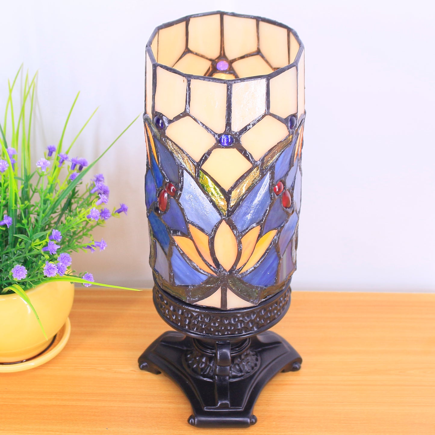 SYETL Small Tiffany Desk Lamp Blue Lotus Candlestick Style Mini Stained Glass Table Memory Lamp Sympathy 4X10 Inch