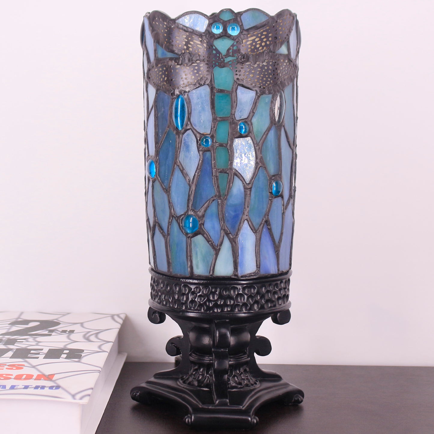 SYETL Small Tiffany Desk Lamp 4X10 Inch Sea Blue Dragonfly Style Mini Stained Glass Table Memory Lamp Sympathy