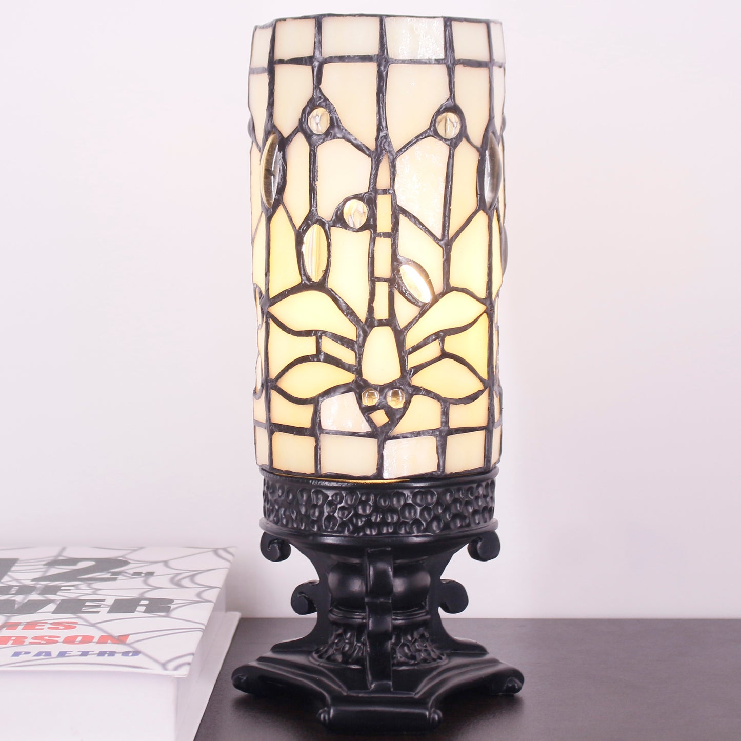 SYETL Small Tiffany Lamp,Mini Stained Glass Table Lamp Cream Dragonfly Desk Lamp Candlestick Style Bedside Uplight for Home Bedroom Nightstand Office