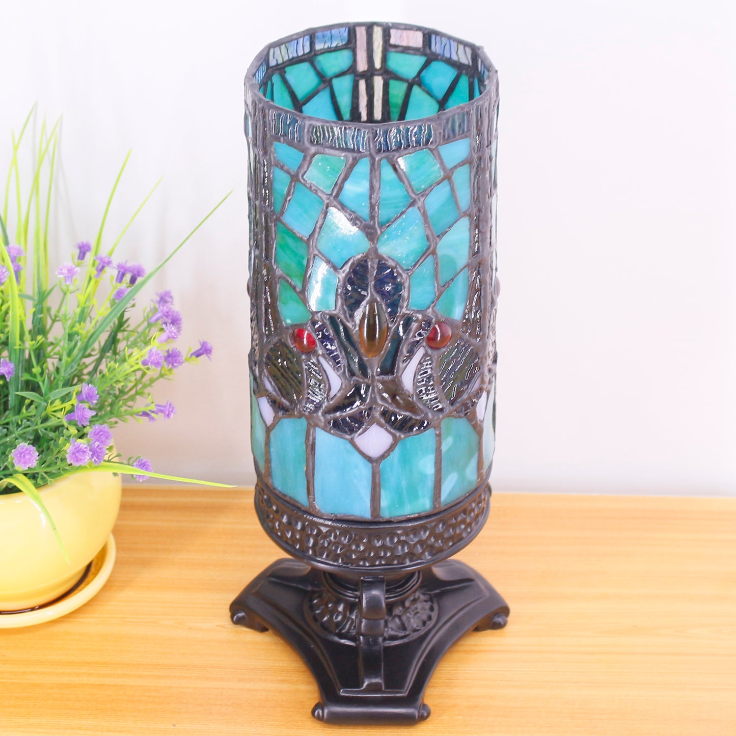 SYETL Small Tiffany Lamp,Mini Stained Glass Table Lamp Green Liaison Dragonfly Desk Lamp Candlestick Style Bedside Uplight for Home Bedroom Nightstand Office