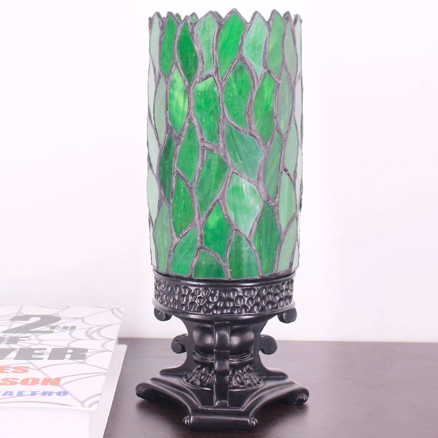 SYETL Small Tiffany Desk Lamp 4X10 Inch Green Wisteria Leaf Candlestick Style Mini Stained Glass Table Memory Lamp Sympathy