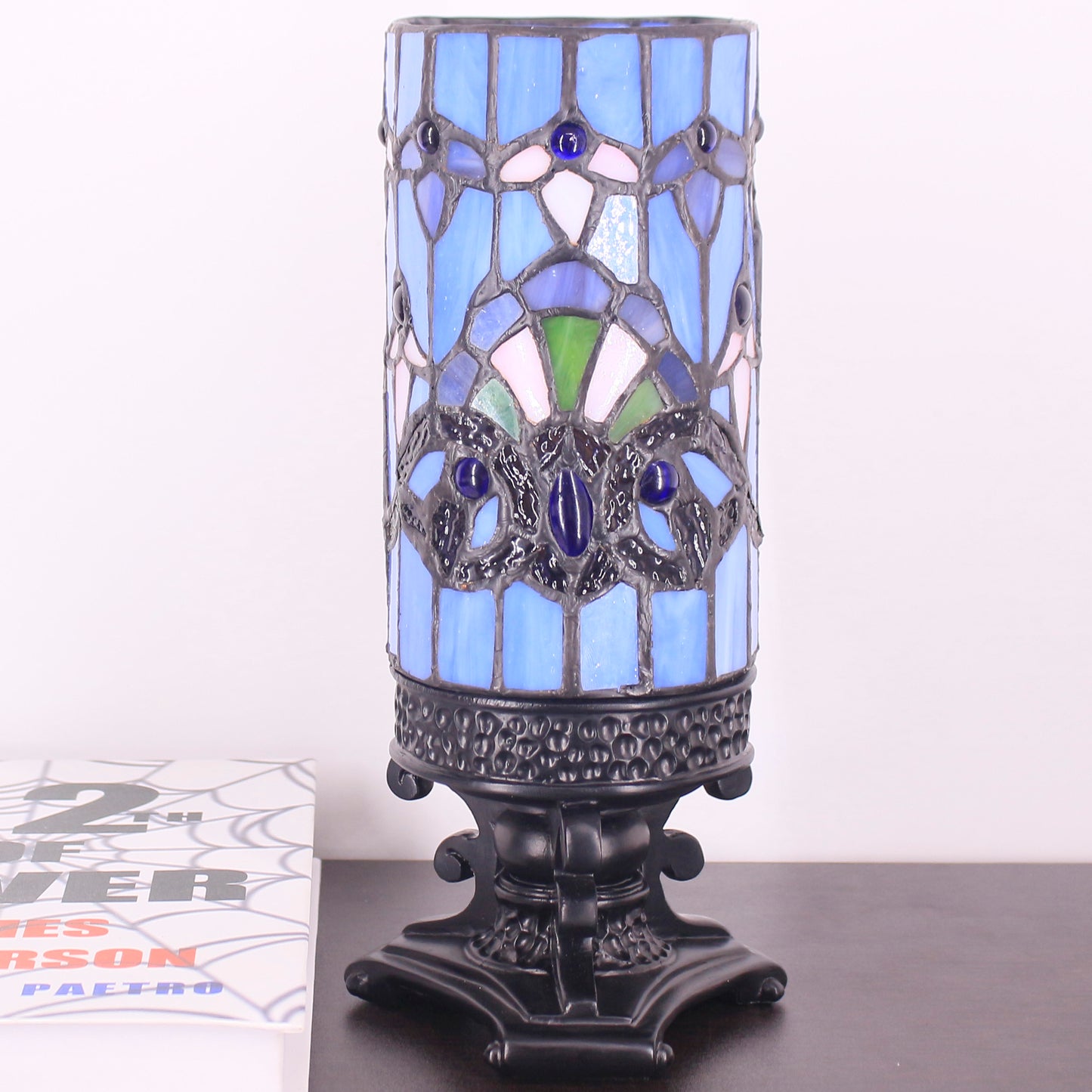 SYETL Small Tiffany Desk Lamp 4X10 Inch Blue Baroque Candlestick Style Mini Stained Glass Table Memory Lamp Sympathy