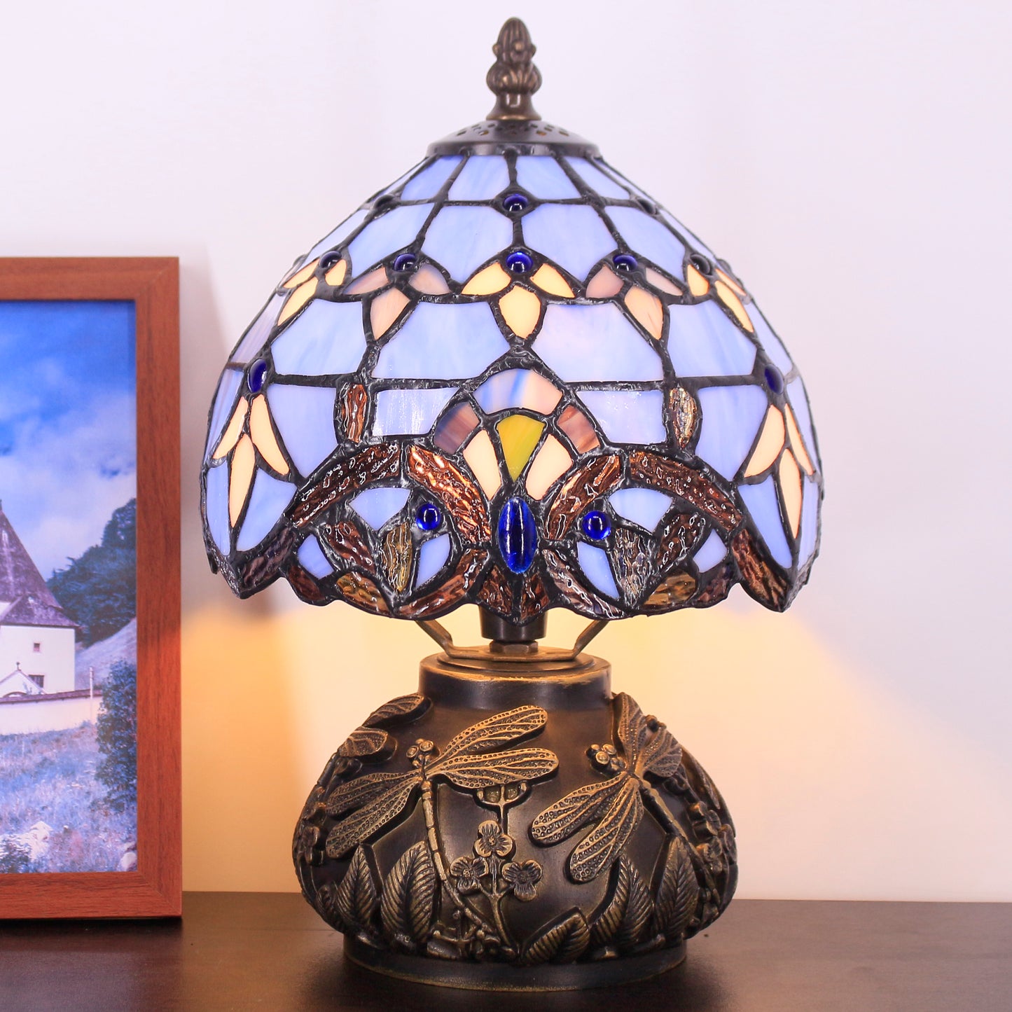 SYETL Small Tiffany Lamp Mushroom Table Lamp, Blue Baroque Style Mini Stained Glass Desk Memory Lamp Sympathy 8X11 Inch