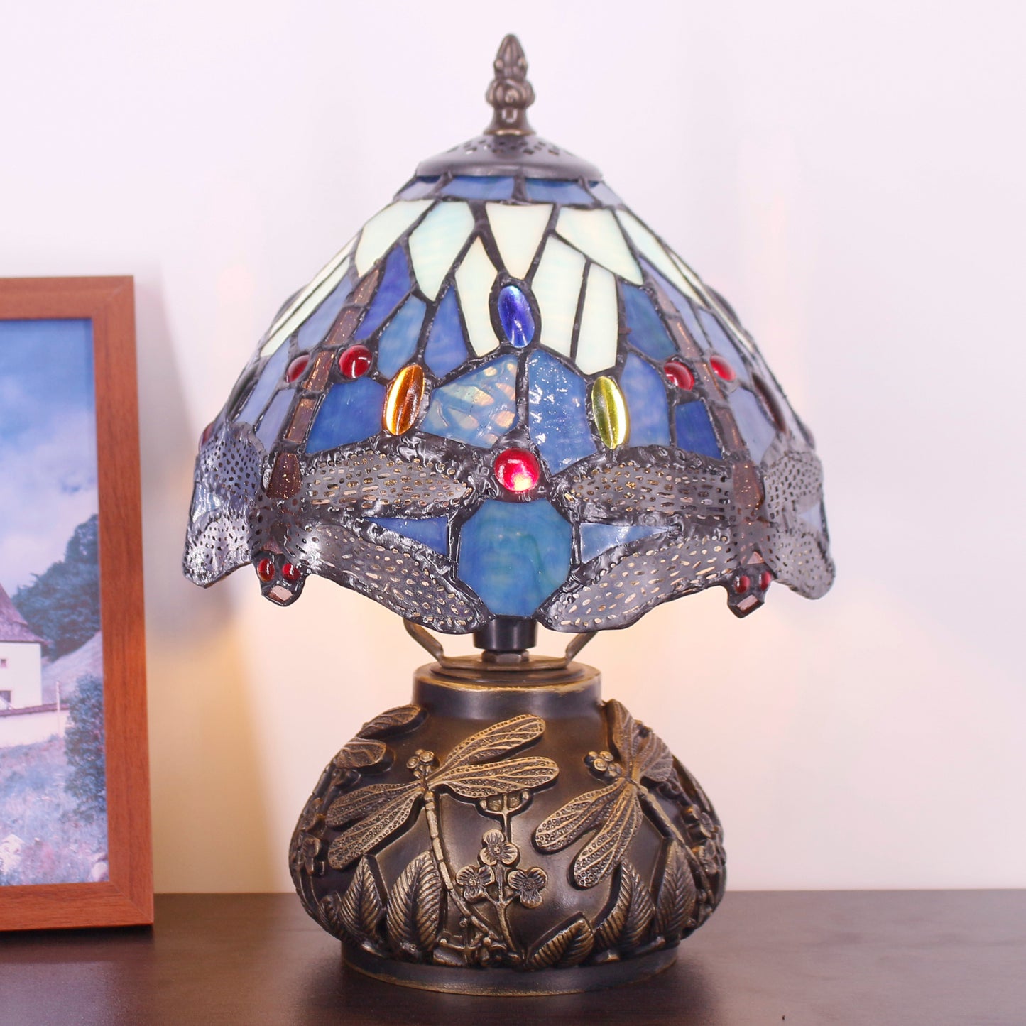 SYETL Small Tiffany Lamp Mushroom Table Lamp,Blue Dragonfly Style Mini Stained Glass Desk Memory Lamp Sympathy 8X11 Inch