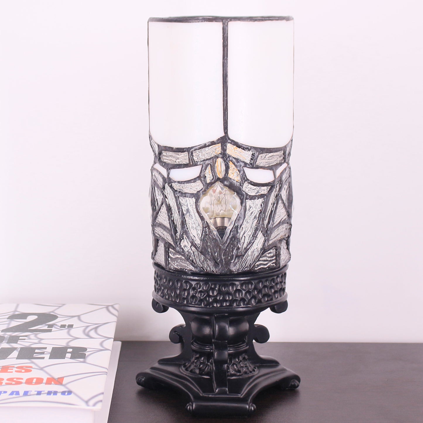 SYETL Small Tiffany Desk Lamp Crystal Bead Candlestick Style Mini White Stained Glass Table Memory Lamp Sympathy 4X10 Inch