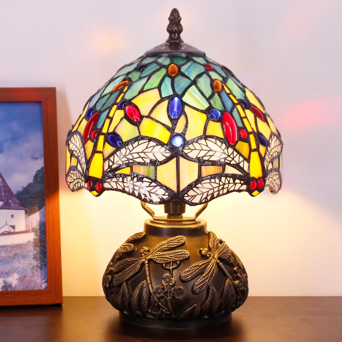 SYETL Small Tiffany Lamp Mushroom Table Lamp, Blue Yellow Dragonfly Style Mini Stained Glass Desk Memory Lamp Sympathy 8X11 Inch