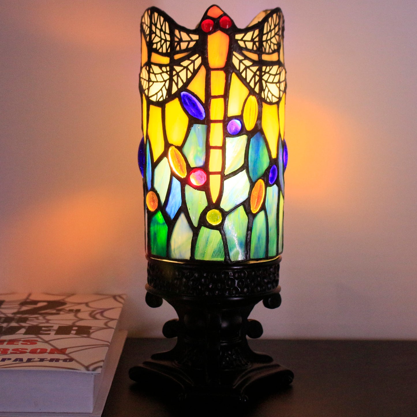 SYETL Small Tiffany Lamp,Mini Stained Glass Table Lamp Yellow Dragonfly Desk Lamp Candlestick Style Bedside Uplight for Home Bedroom Nightstand Office