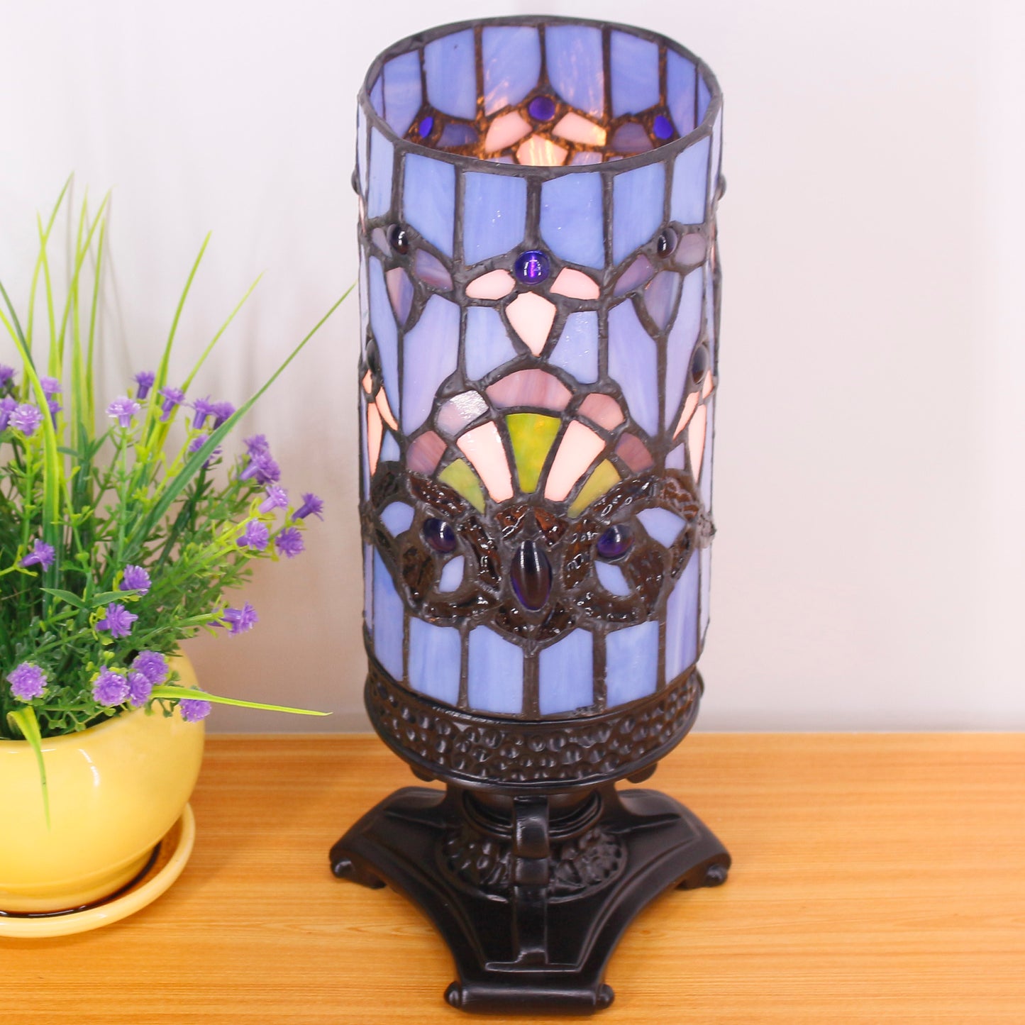 SYETL Small Tiffany Desk Lamp 4X10 Inch Blue Baroque Candlestick Style Mini Stained Glass Table Memory Lamp Sympathy