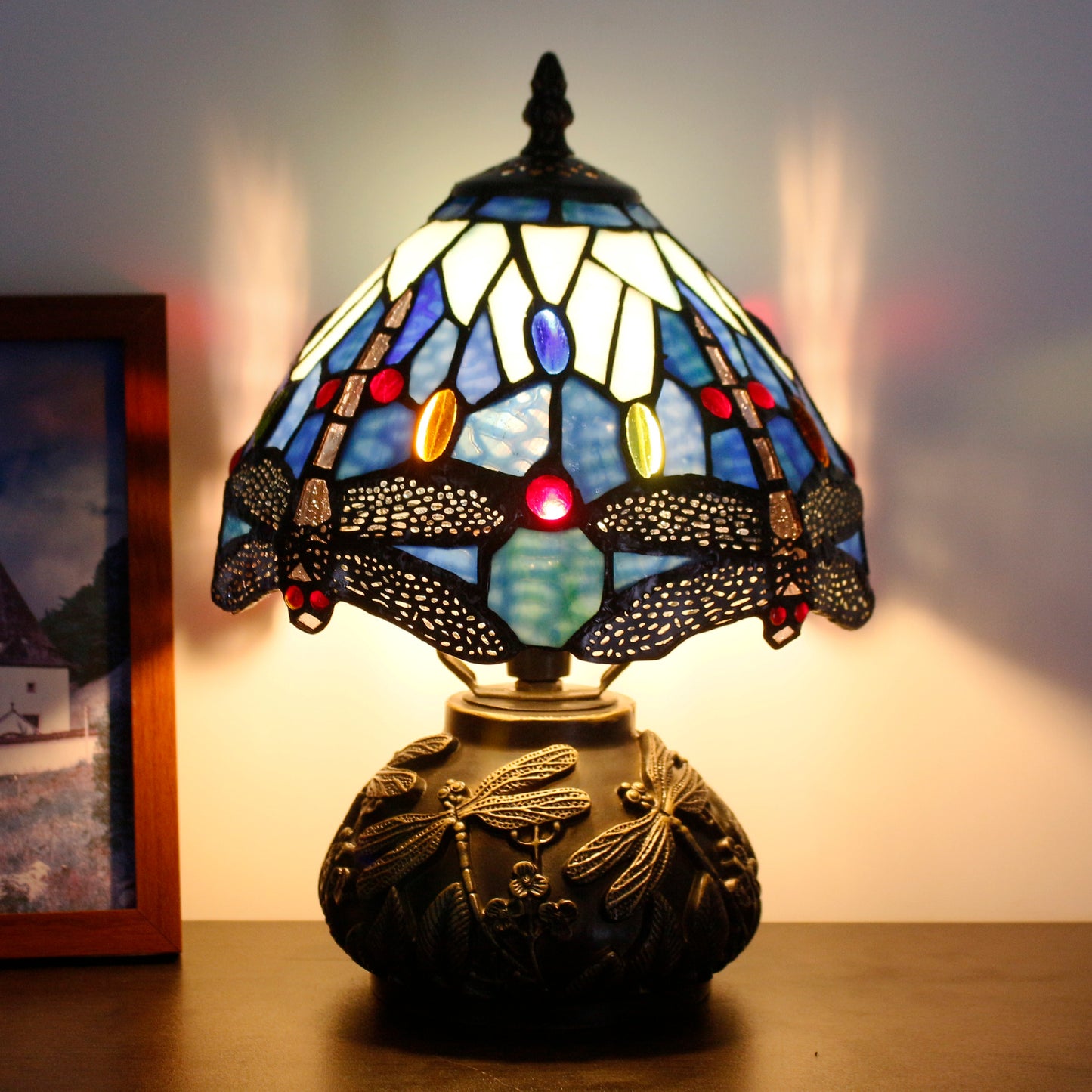 SYETL Small Tiffany Lamp Mushroom Table Lamp,Blue Dragonfly Style Mini Stained Glass Desk Memory Lamp Sympathy 8X11 Inch