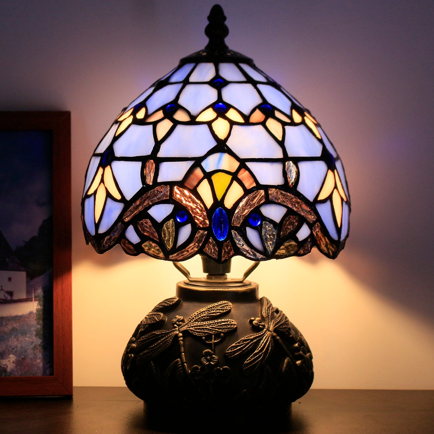 SYETL Small Tiffany Lamp Mushroom Table Lamp, Blue Baroque Style Mini Stained Glass Desk Memory Lamp Sympathy 8X11 Inch