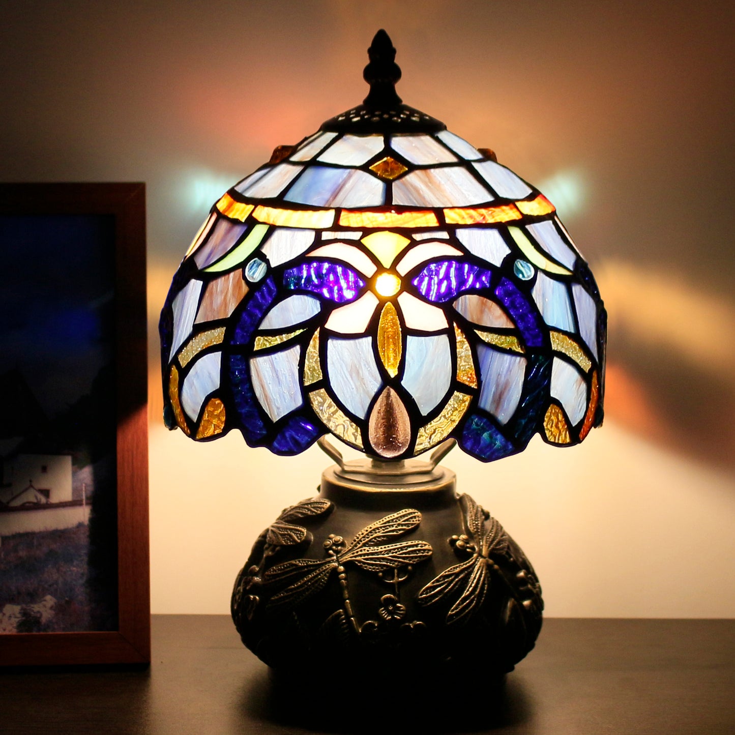 SYETL Small Tiffany Lamp Mushroom Table Lamp, Mini Blue Purple Cloudy Stained Glass Desk Style Memory Lamp Sympathy 8X11 Inch