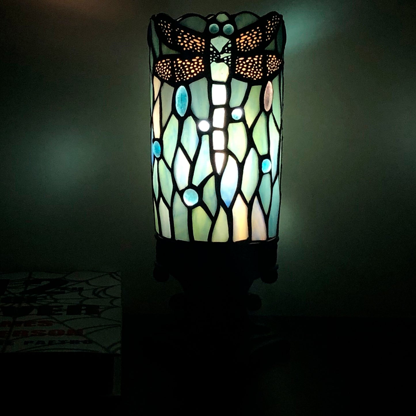 SYETL Small Tiffany Desk Lamp 4X10 Inch Sea Blue Dragonfly Style Mini Stained Glass Table Memory Lamp Sympathy