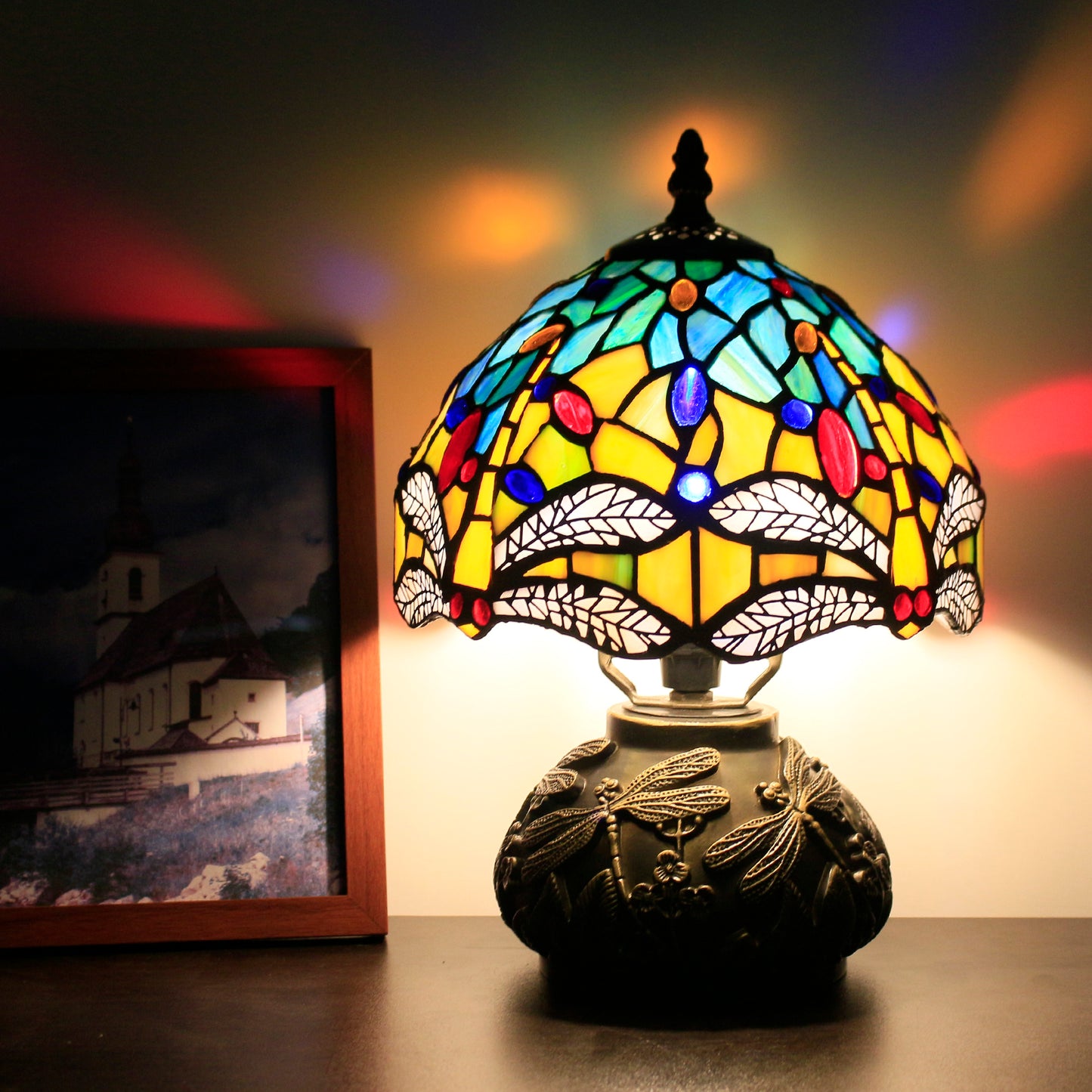 SYETL Small Tiffany Lamp Mushroom Table Lamp, Blue Yellow Dragonfly Style Mini Stained Glass Desk Memory Lamp Sympathy 8X11 Inch