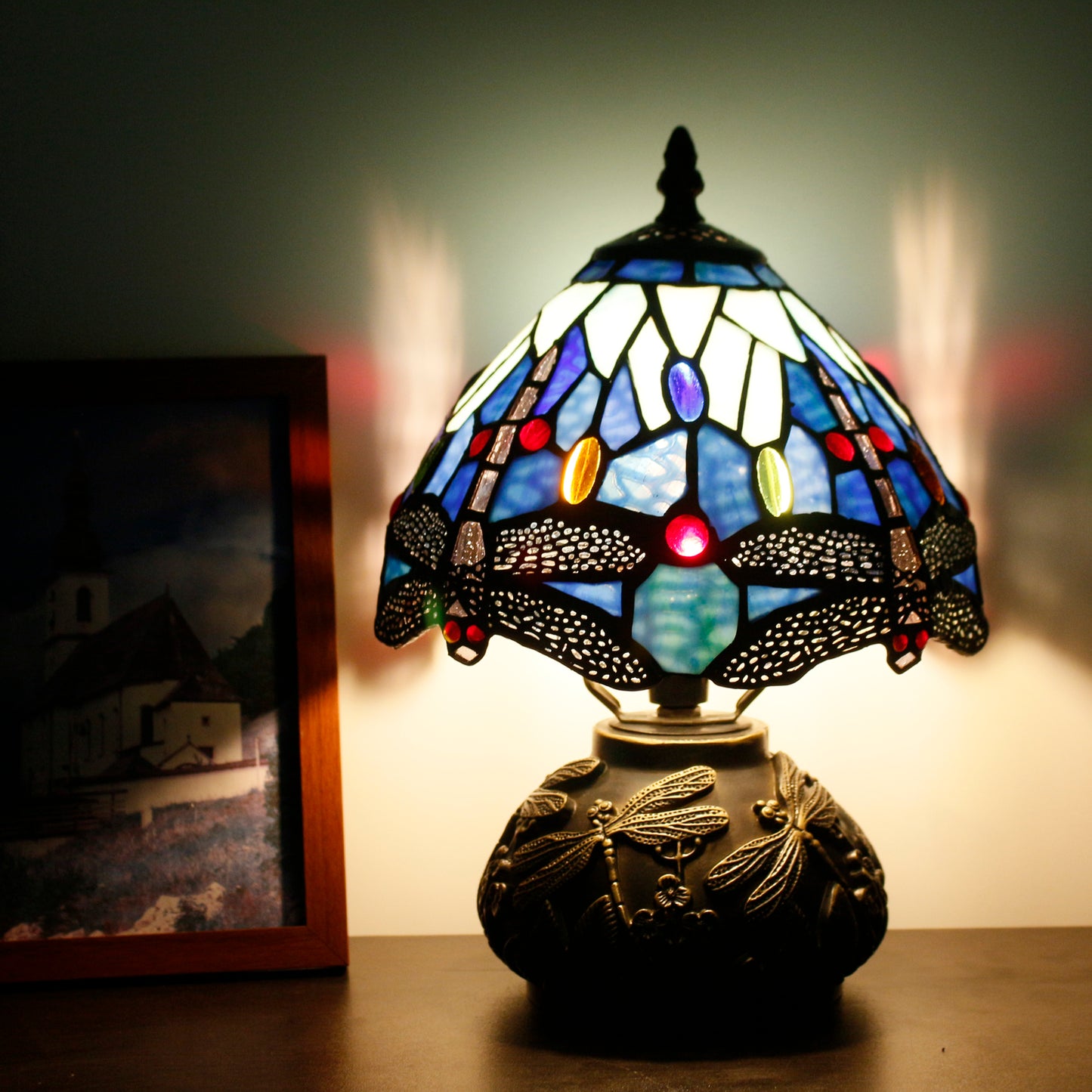 SYETL Small Tiffany Lamp Mushroom Table Lamp,Blue Dragonfly Style Mini Stained Glass Desk Memory Lamp Sympathy 8X11 Inch