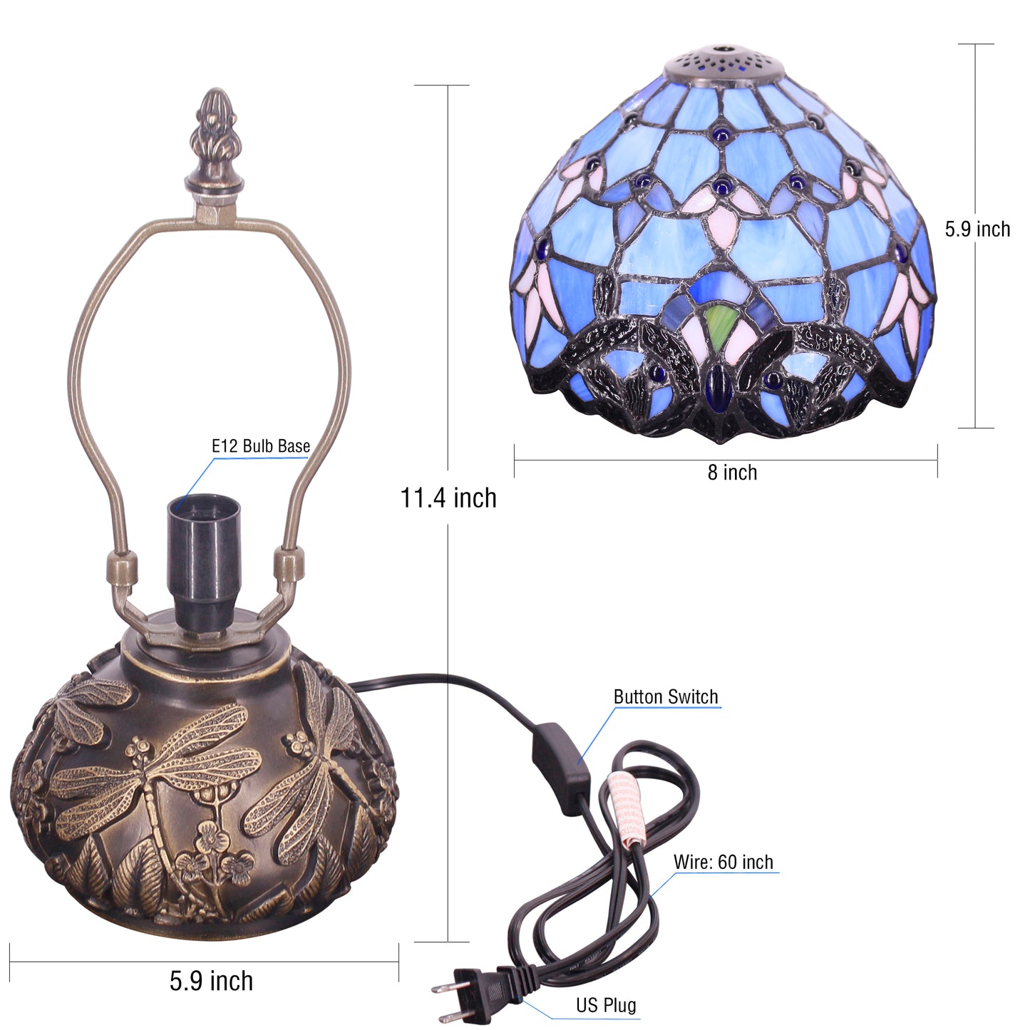 SYETL Small Tiffany Lamp Mushroom Table Lamp, Blue Baroque Style Mini Stained Glass Desk Memory Lamp Sympathy 8X11 Inch